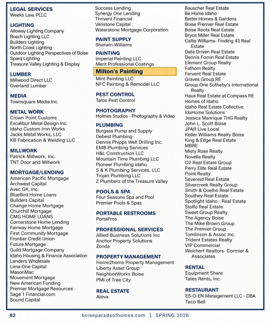 2026 Boise Area Parade of Homes official directory — Milton's Painting listed under Painting